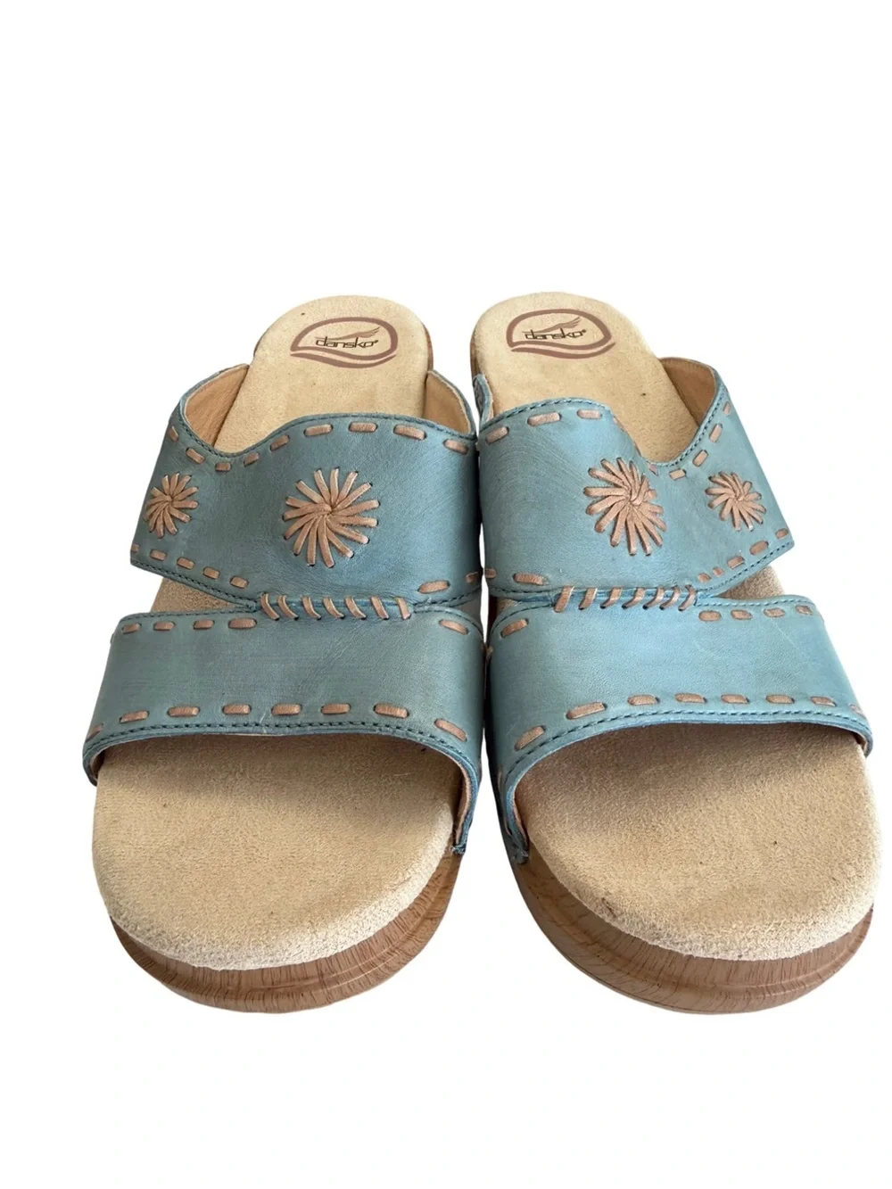 Dansko Blue Floral Cutout Leather Slide Sandals Size 41 US 10.5–11
